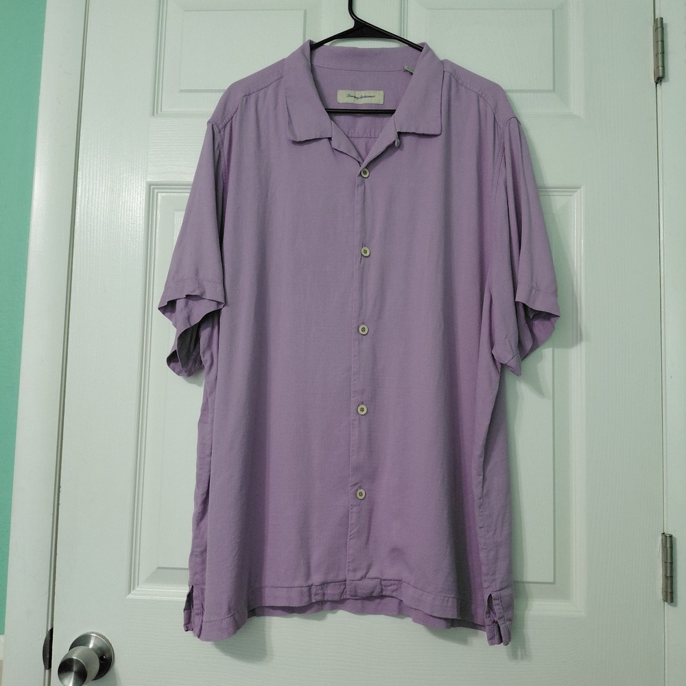 Tommy Bahama Camp Shirt Mens XXl Purple Button Silk Blend Casual Short Sleeve